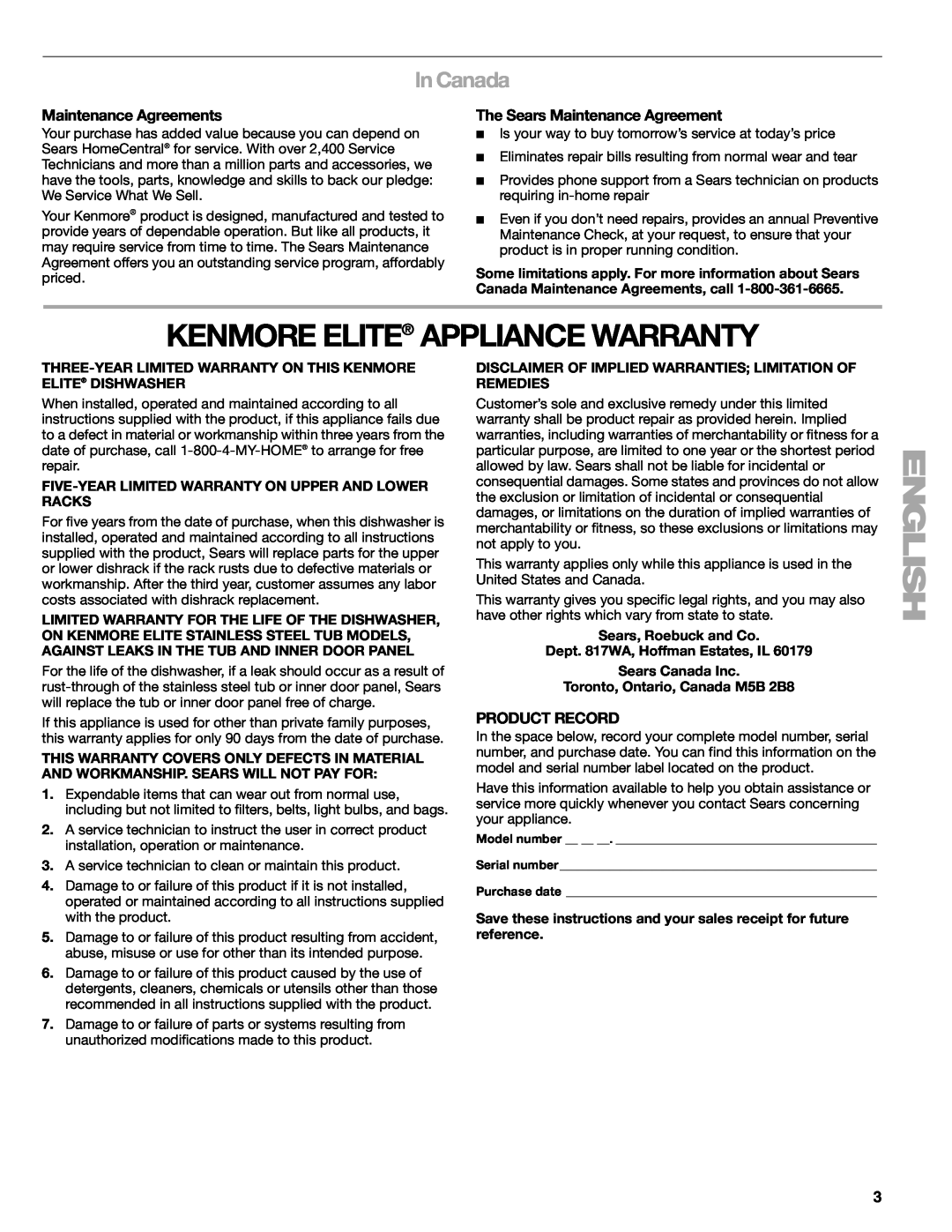 Kenmore 665.1388 Kenmore Elite Appliance Warranty, In Canada, Maintenance Agreements, The Sears Maintenance Agreement 