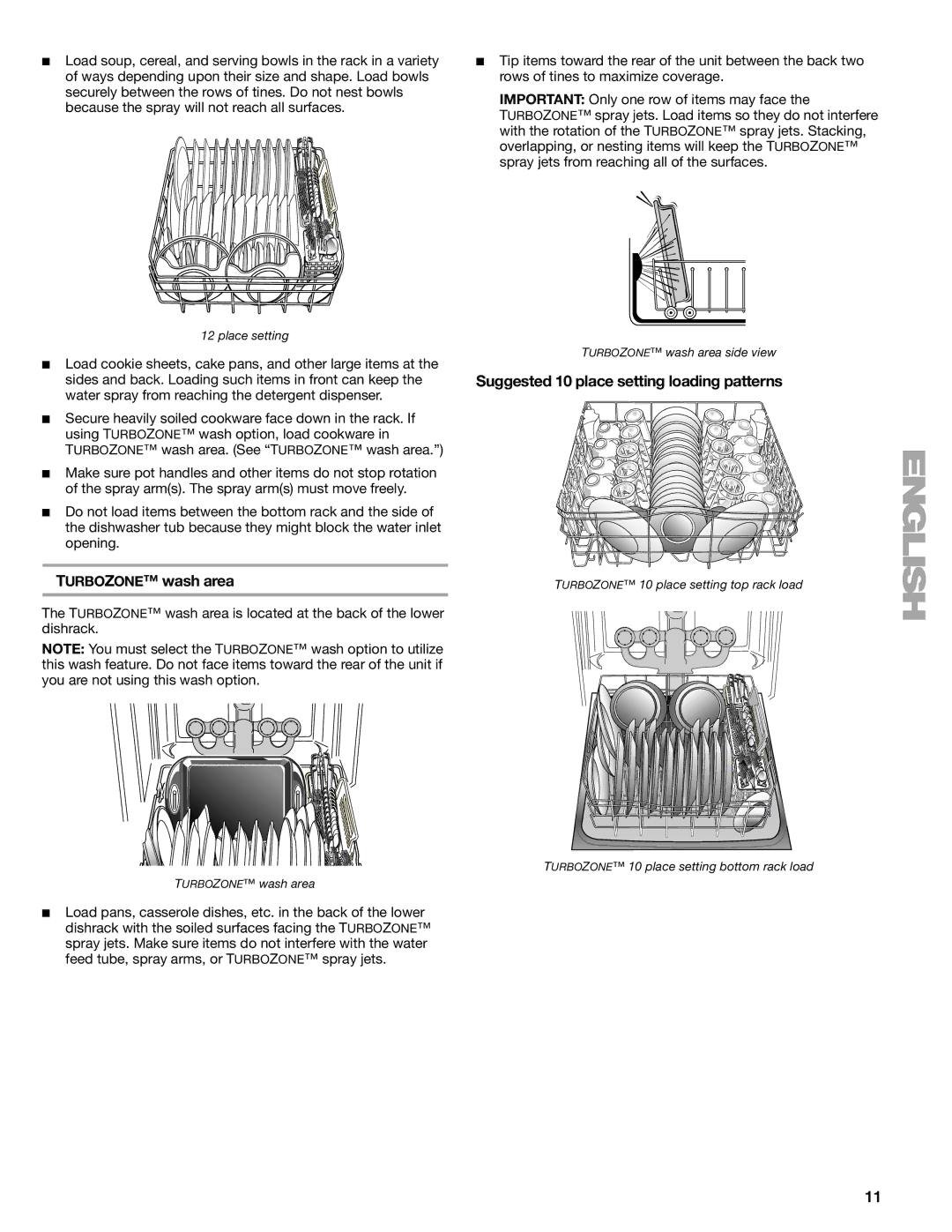 Kenmore 665.1379 manual Turbozone wash area, Suggested 10 place setting loading patterns 