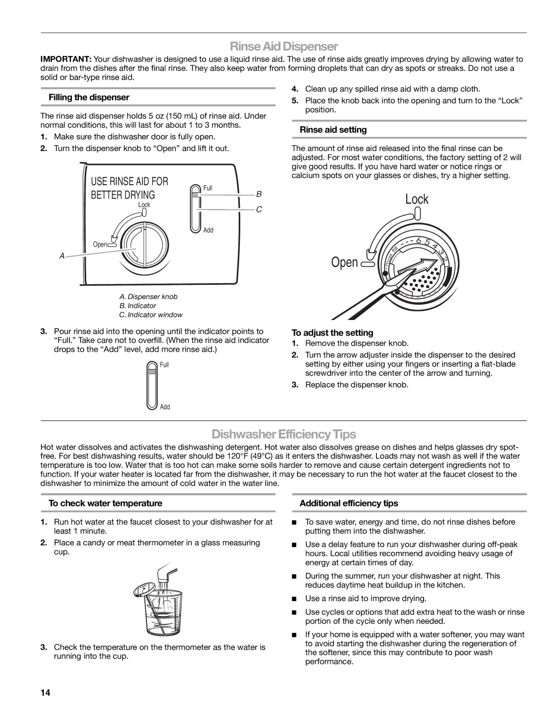 Kenmore 665.1379 manual Rinse Aid Dispenser, Dishwasher Efficiency Tips, Rinse aid setting, To adjust the setting 