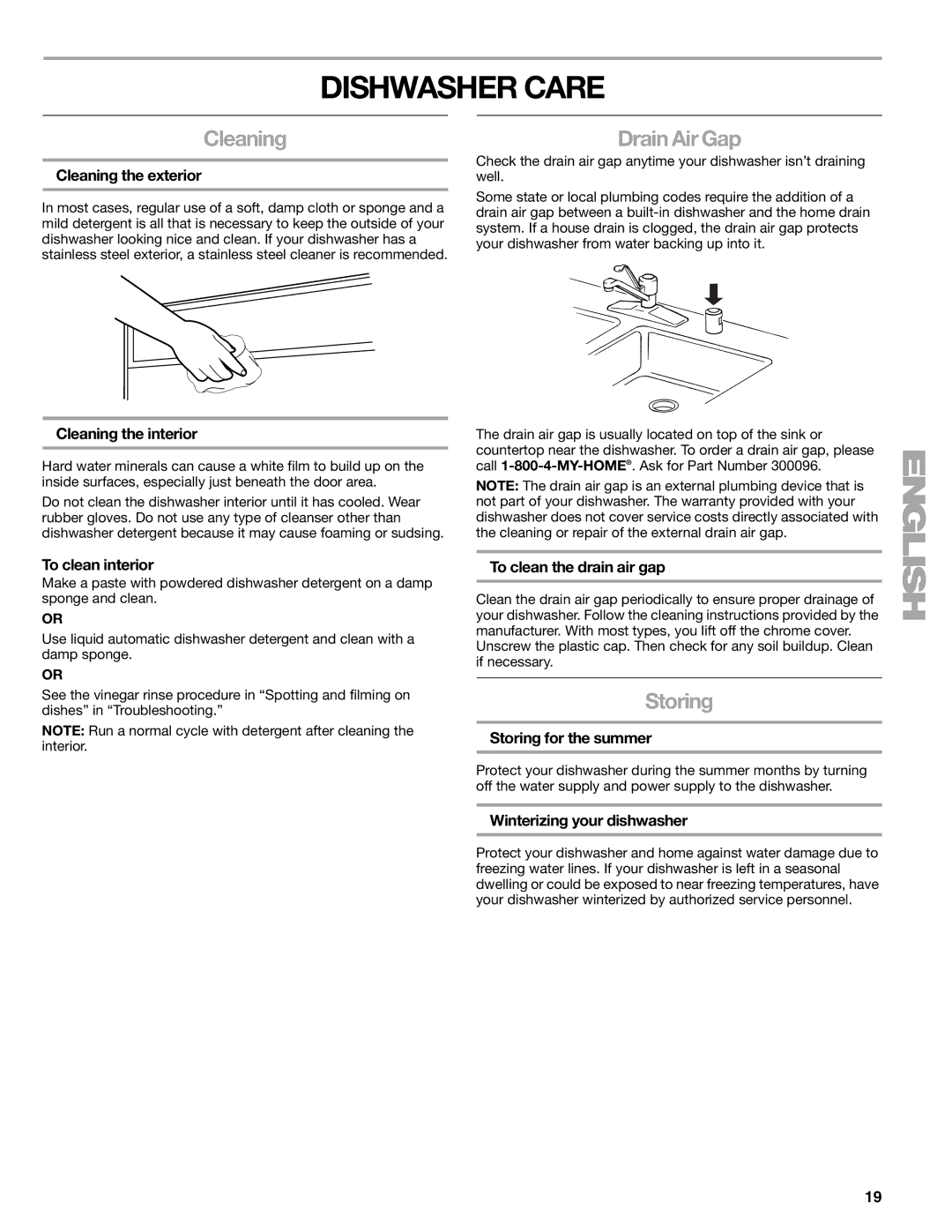 Kenmore 665.1379 manual Dishwasher Care, Cleaning, Drain Air Gap, Storing 