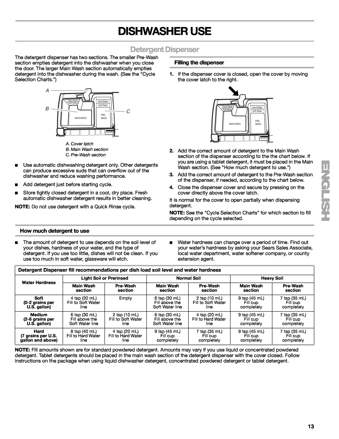 Kenmore 665.1379 manual Dishwasher Use, Detergent Dispenser, Filling the dispenser, How much detergent to use 