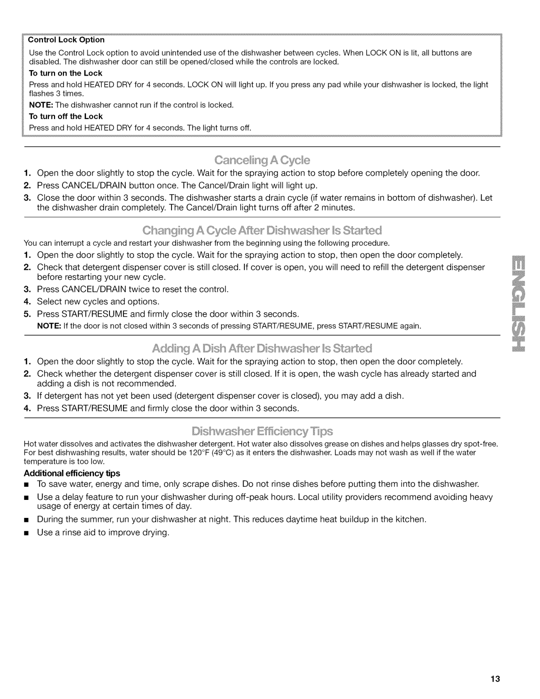 Kenmore 665.1389 manual Additional efficiency tips, Control Lock Option 