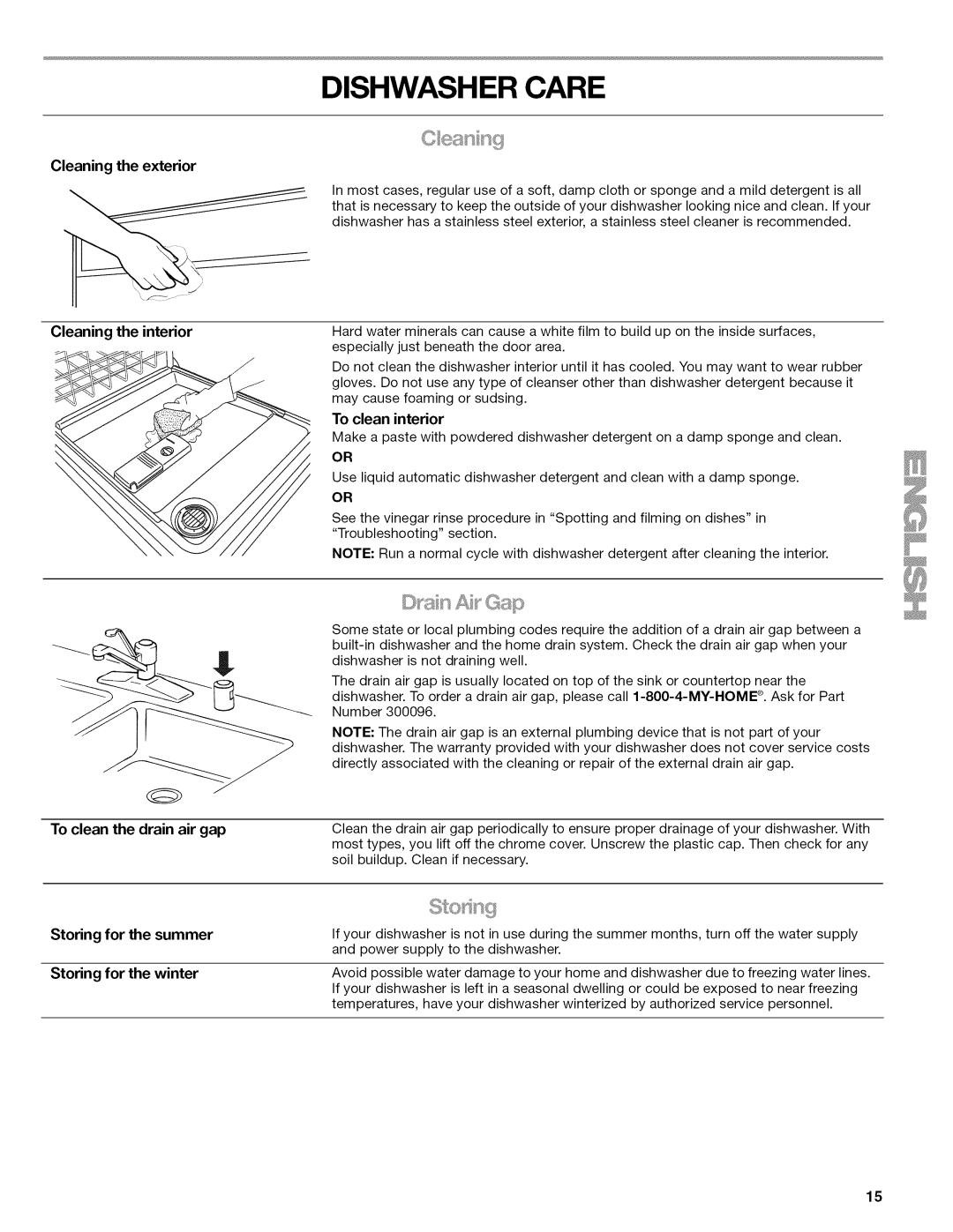 Kenmore 665.1389 manual Dishwasher Care, Cleaning the exterior, Cleaning the interior, To clean the drain air gap 