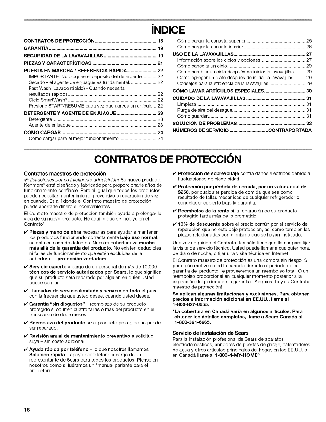 Kenmore 665.1389 manual Ndice, Contratos DE Proteccion 