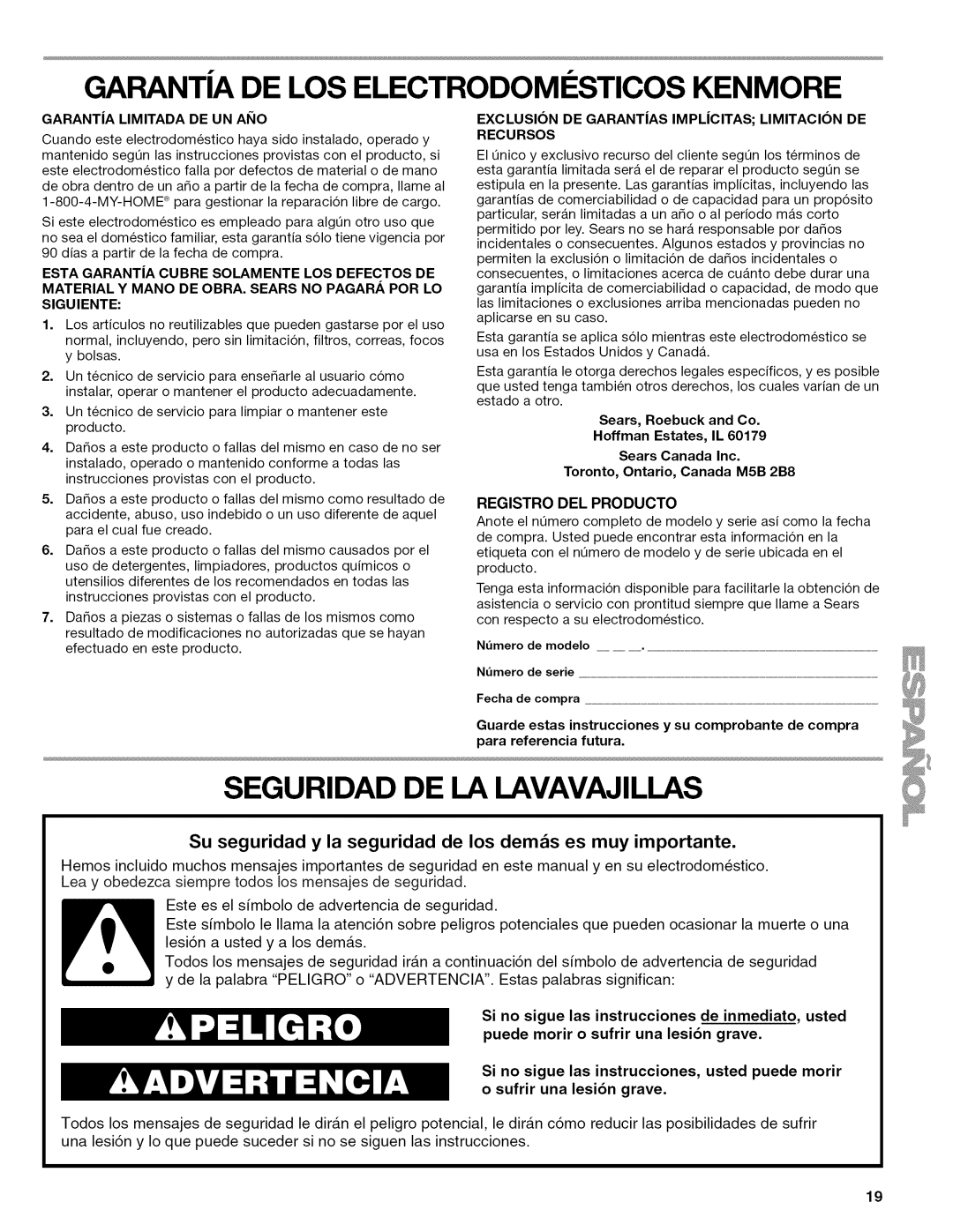 Kenmore 665.1389 Seguridad DE LA Lavavajillas, Garanta DE LOS Electrodomesticos Kenmore, GARANTiA Limitada DE UN Aiio 