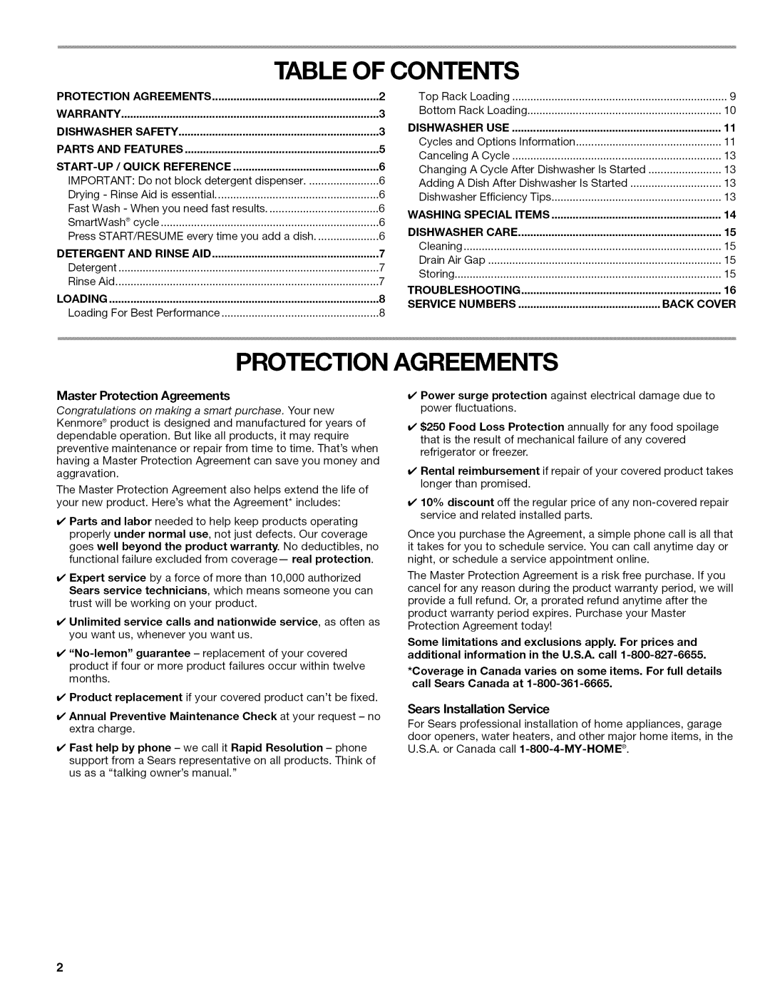 Kenmore 665.1389 manual Table of Contents, Protection Agreements 