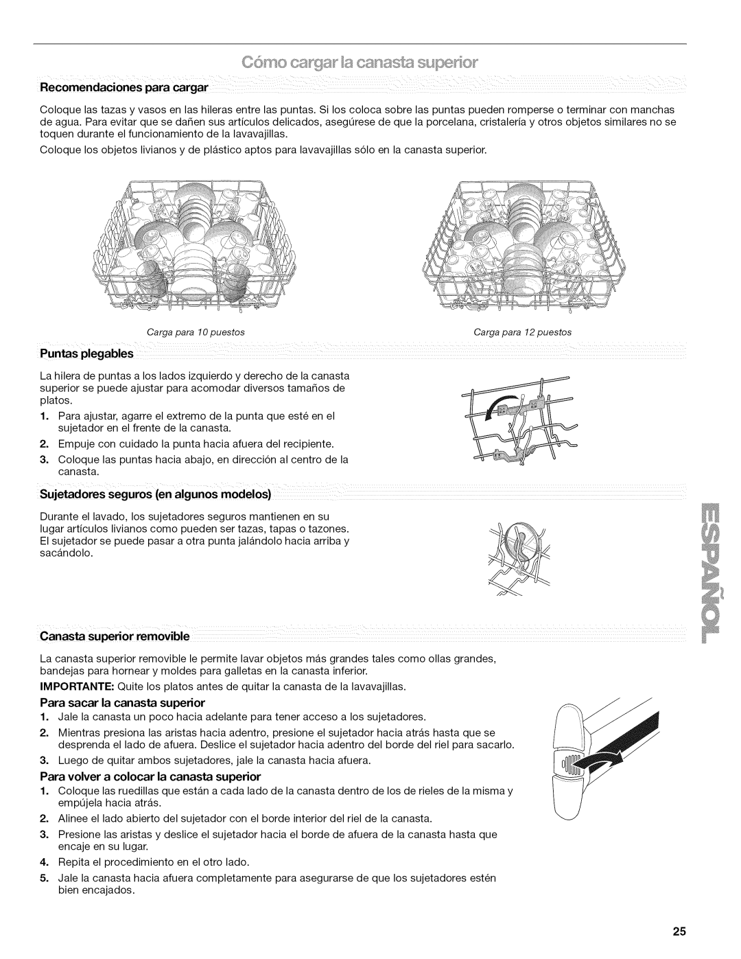 Kenmore 665.1389 manual Sujetadores seguros en algunos modelos, Canasta superior removible 