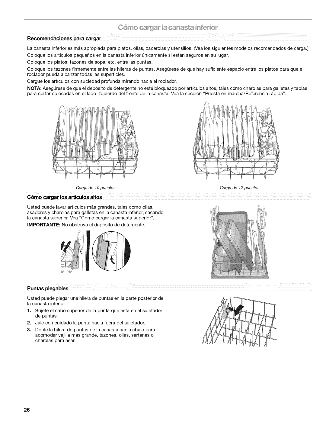 Kenmore 665.1389 manual Recomendaciones para rgar, Cbmo cargar los articulos altos, Puntas plegables 