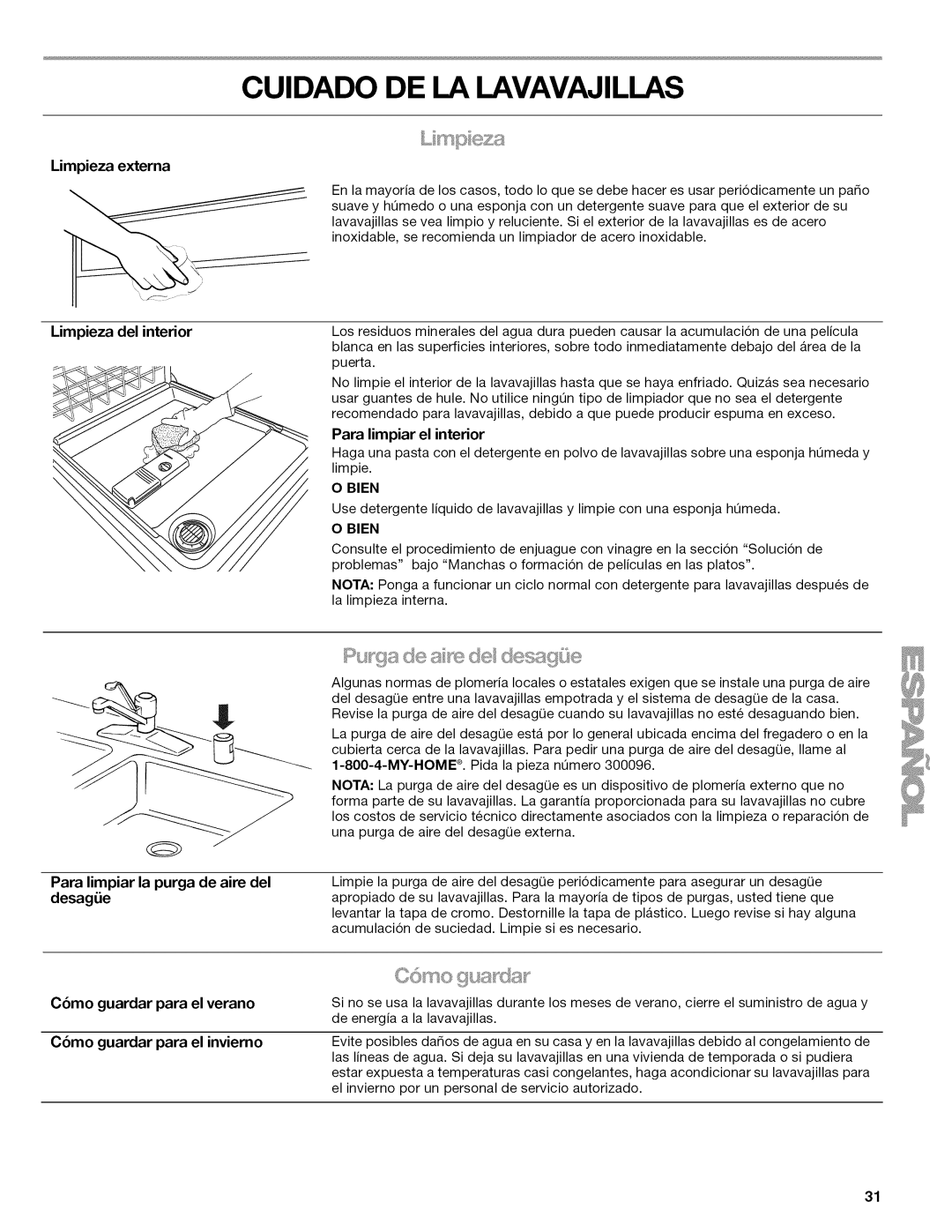 Kenmore 665.1389 manual Cuidado DE LA Lavavajillas, Limpieza del interior, C6mo guardar para el verano, Bien 