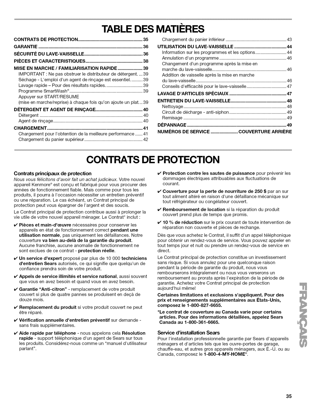 Kenmore 665.1389 manual Table DES Matii RES, Contrats DE Protection 