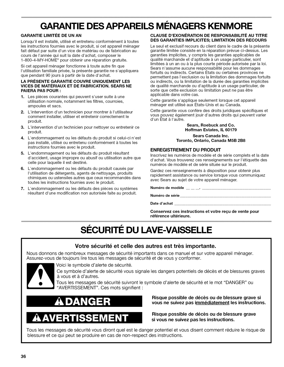 Kenmore 665.1389 manual Garantie DES Appareils MI Nagers Kenmore, SI Curiti DU LAVE-VAISSELLE, Garantie Limitie DE UN AN 