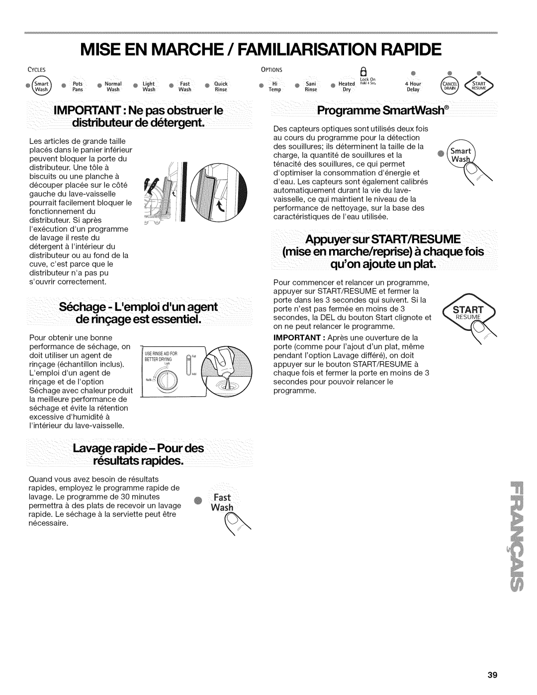 Kenmore 665.1389 manual Mise EN Marche / Familiarisation Rapide, Important Ne obstruer le 