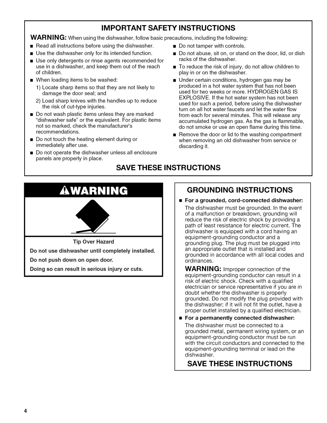 Kenmore 665.1389 manual Safety Instructions, For a grounded, cord-connected dishwasher 