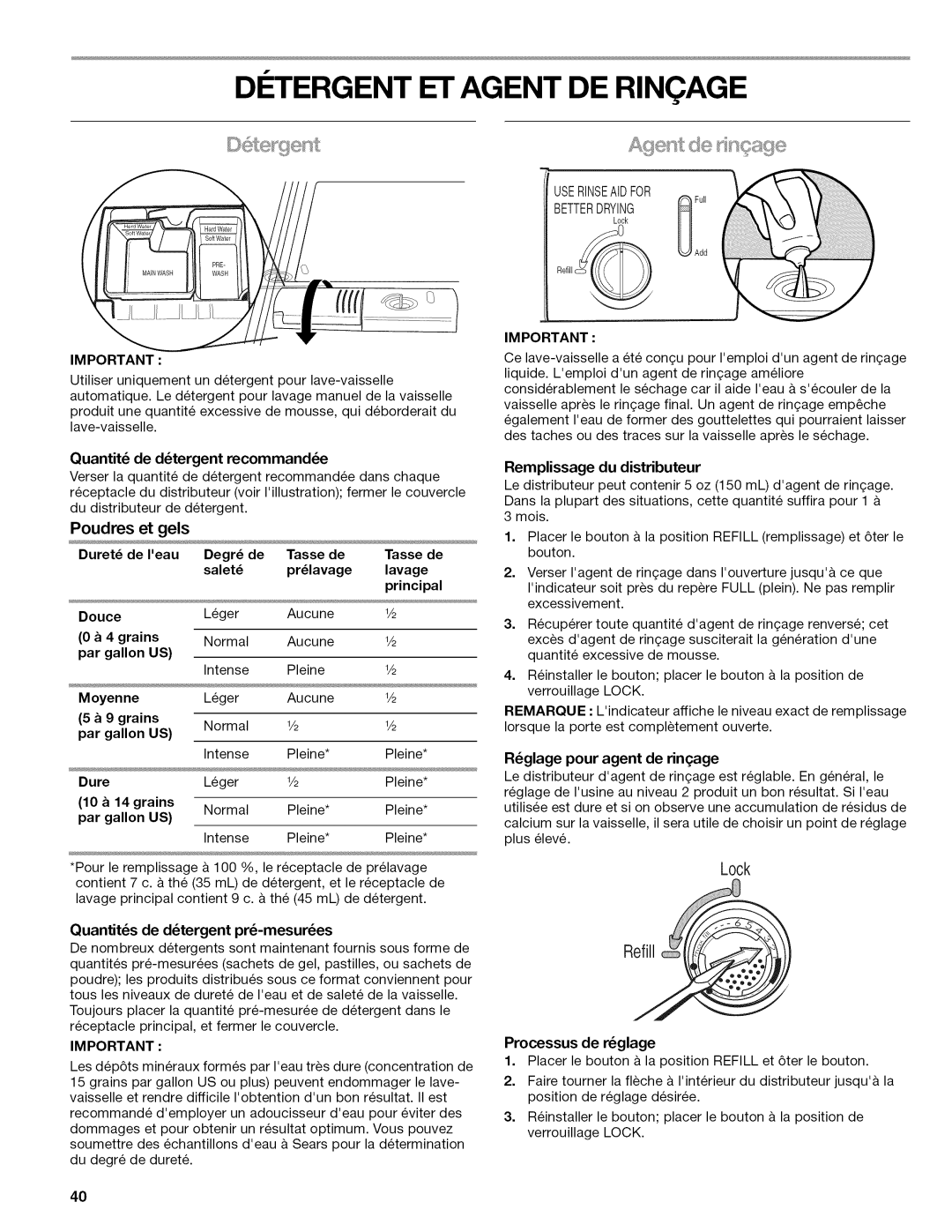 Kenmore 665.1389 manual DI Tergent ET Agent DE Rinqage, Poudres et gels 