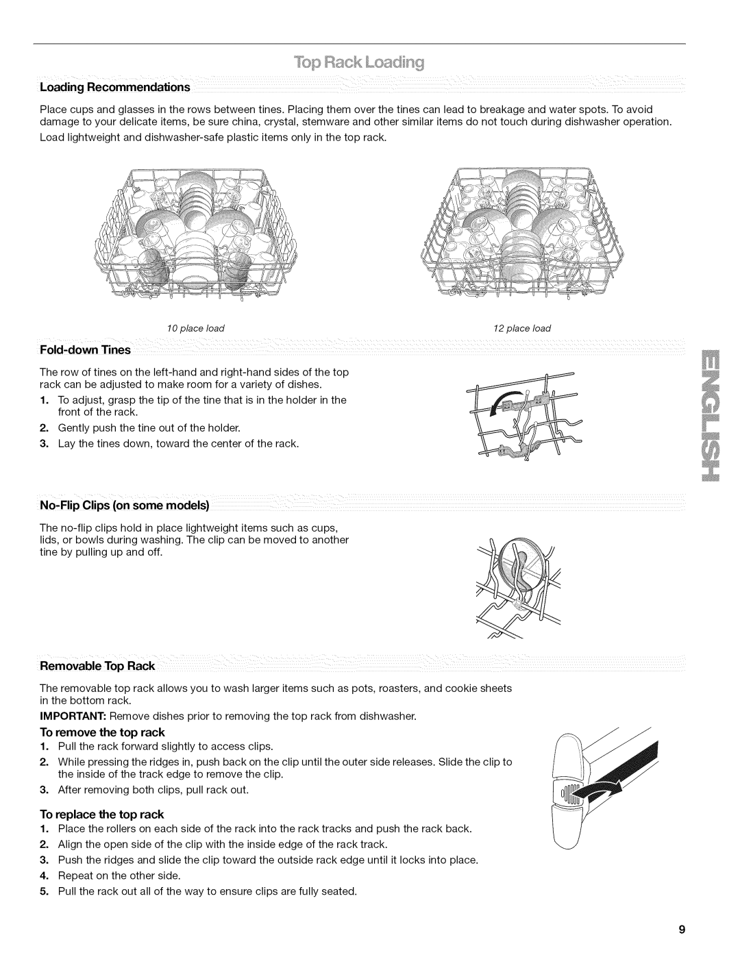 Kenmore 665.1389 manual To remove the top rack, To replace the top rack 