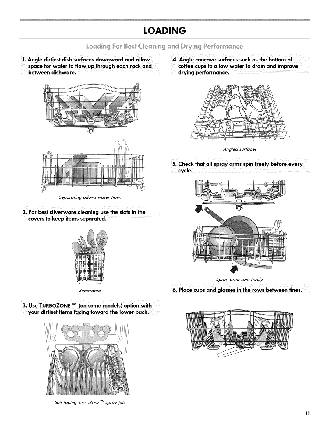 Kenmore 665.1404 Loading, Use Turbozone TM on some models option with, Place cups and glasses in the rows beeen tines 