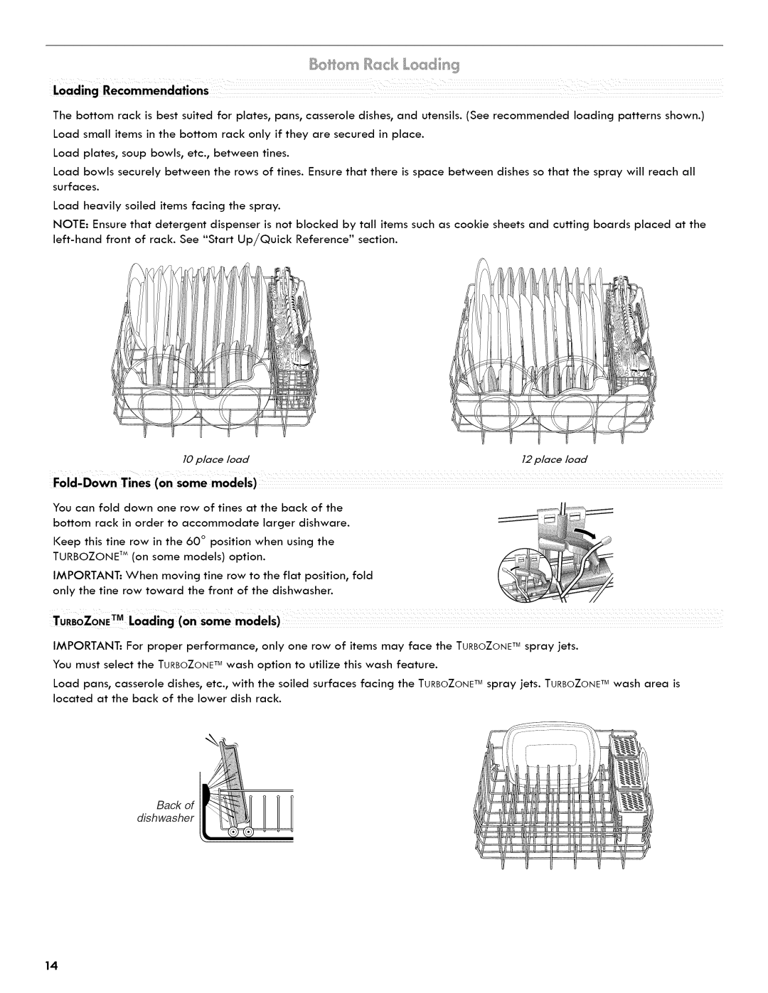 Kenmore 665.1404 manual Fold,Down Tines on some models, Back of dish washer 