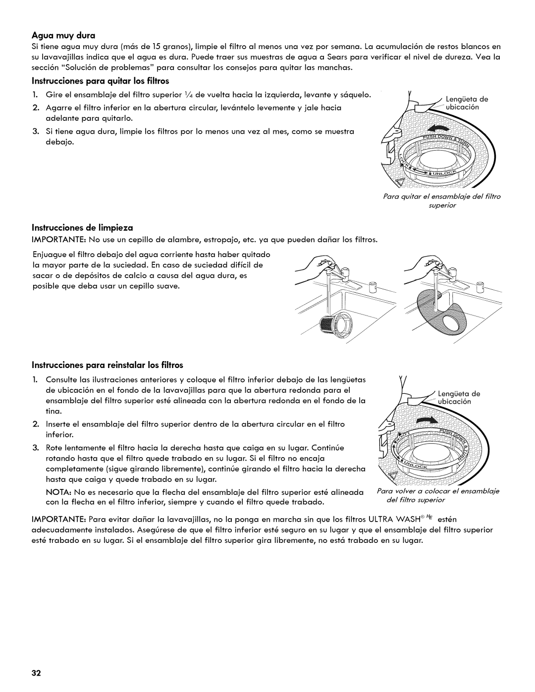 Kenmore 665.1404 manual Instrucciones para quitar los filtros, Instrucciones para reinstalar los filtros 