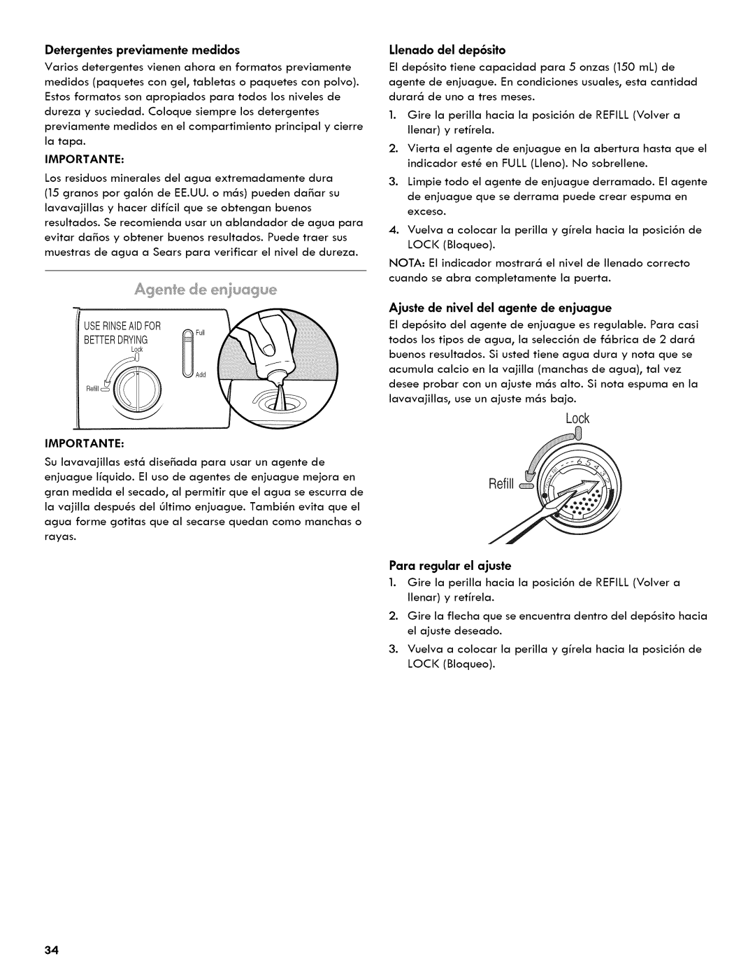 Kenmore 665.1404 manual Para regular el ajuste, Llenado del dep6sito, Ajuste de nivel del agente de enjuague 