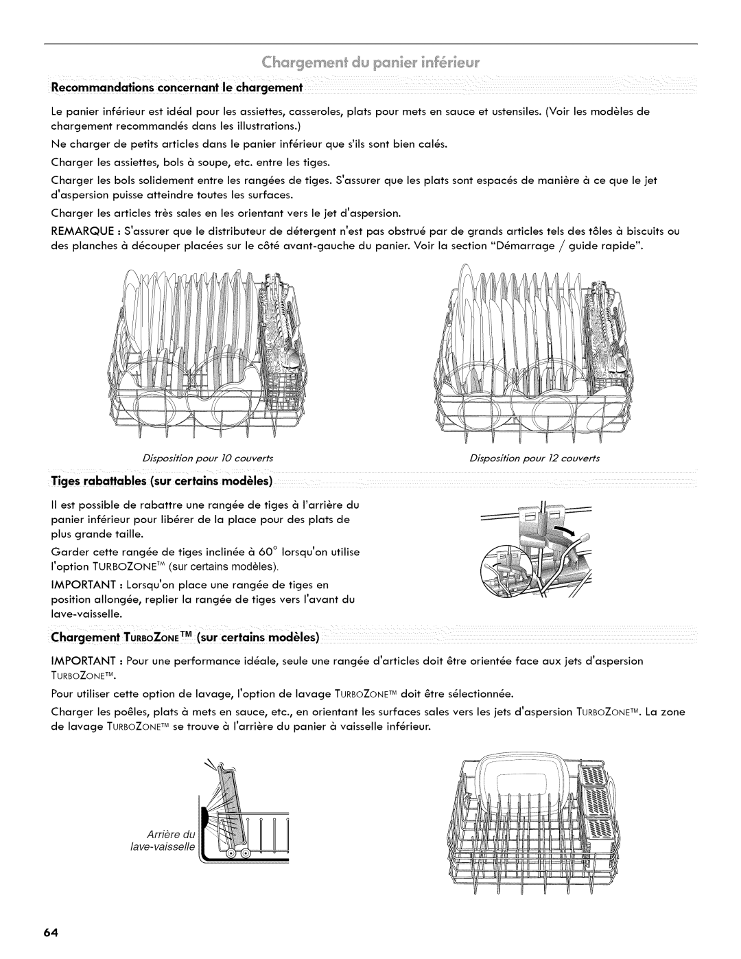 Kenmore 665.1404 manual Tiges rabattables sur certains modules, Turbozone TM 