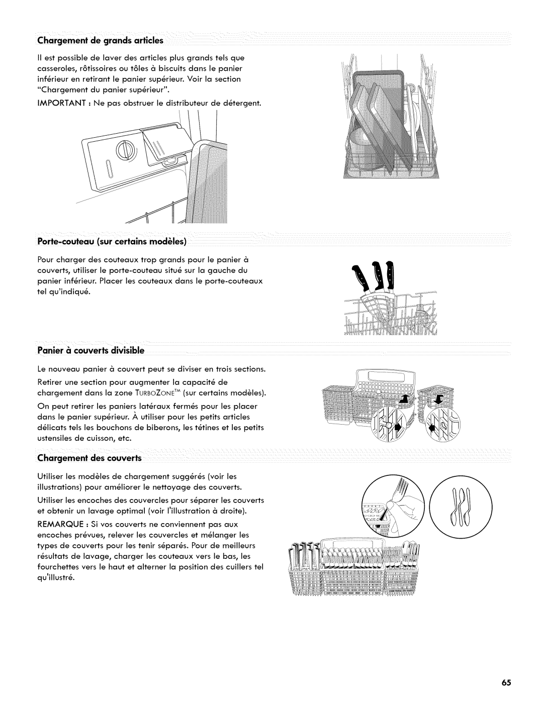 Kenmore 665.1404 manual Chargement des couverts 