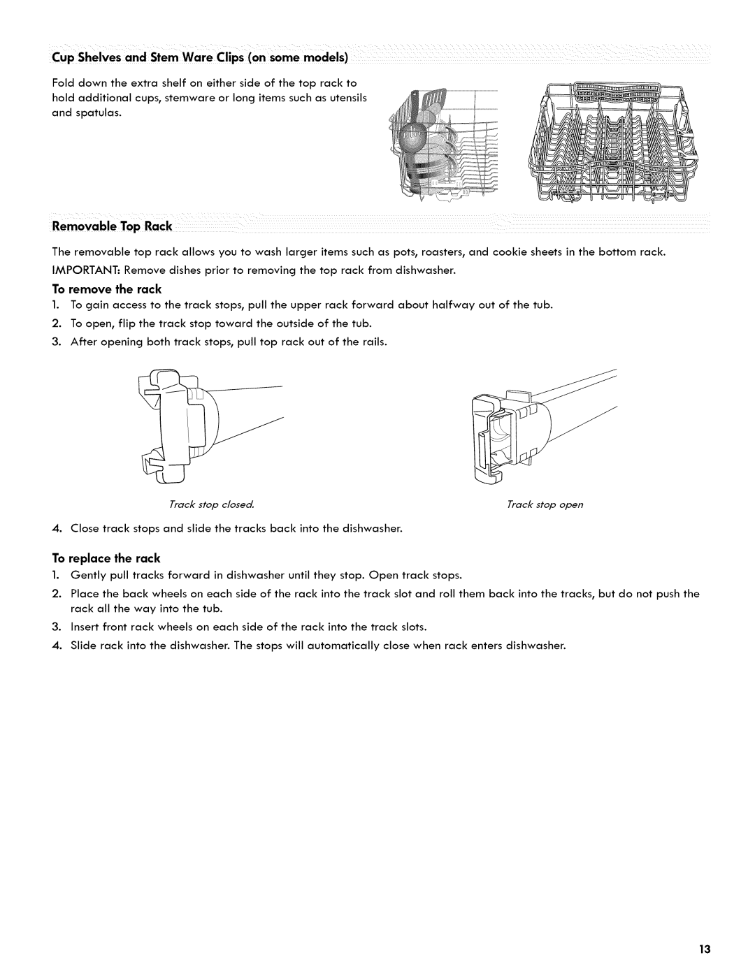 Kenmore 665.1404 manual To remove the rack, Removable Top Rack, Track stop dosed, To replace the rack 