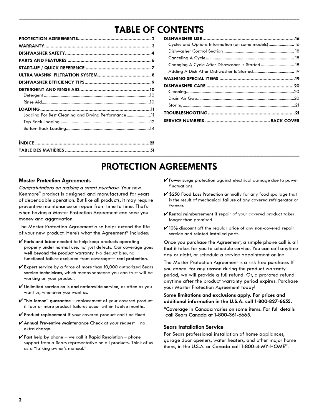 Kenmore 665.1404 manual Table Of Contents, Protection, Agreements, Sears Installation Service 