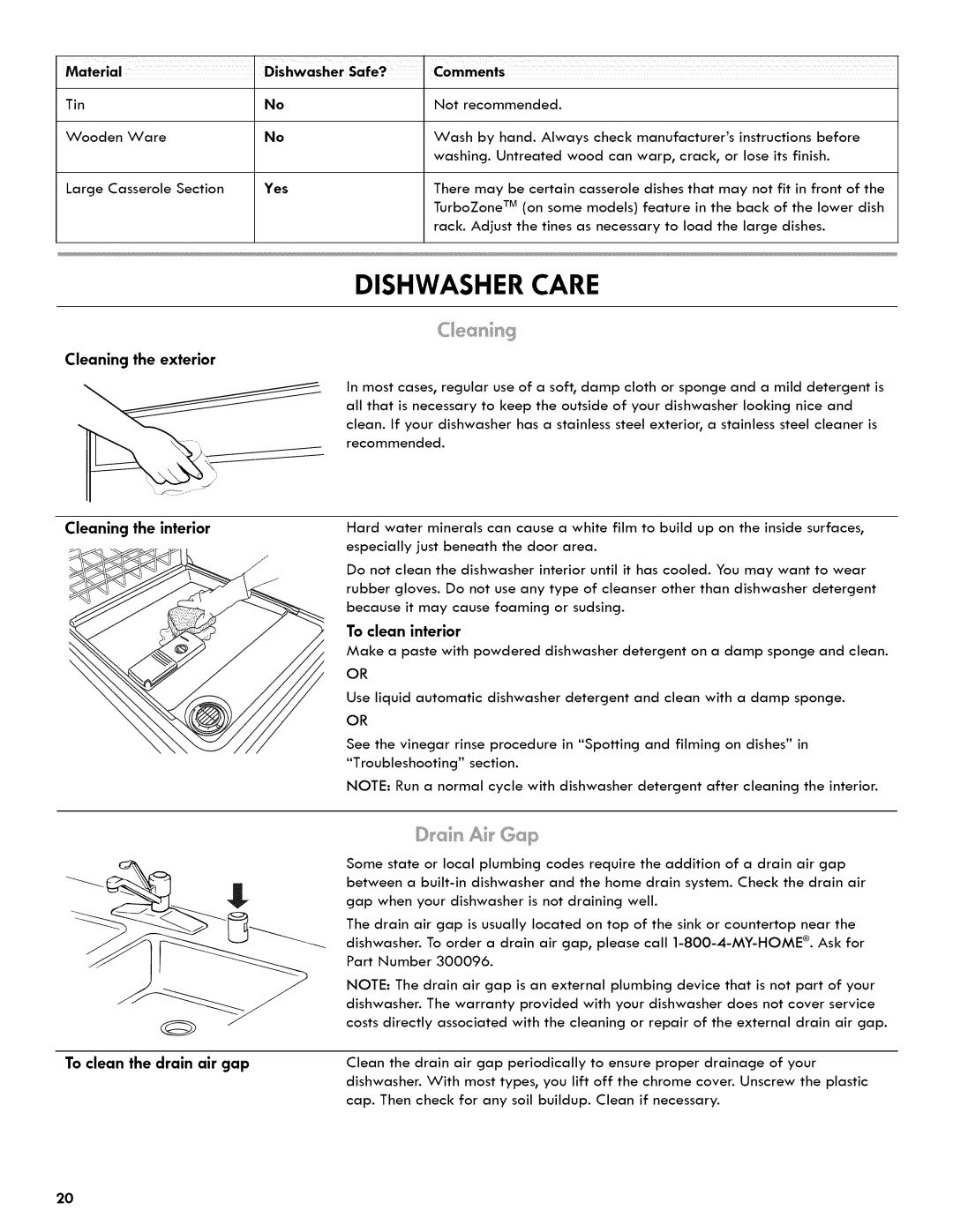 Kenmore 665.1404 manual Dishwasher Care, Material, DishwasherSafe?, Comments, Cleaning the interior, To clean interior 