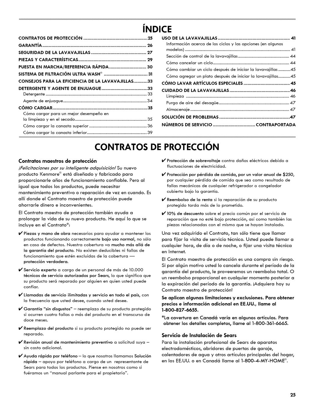 Kenmore 665.1404 manual Jndice, Contratos De Proteccion, Contratos maestros de protecci6n 