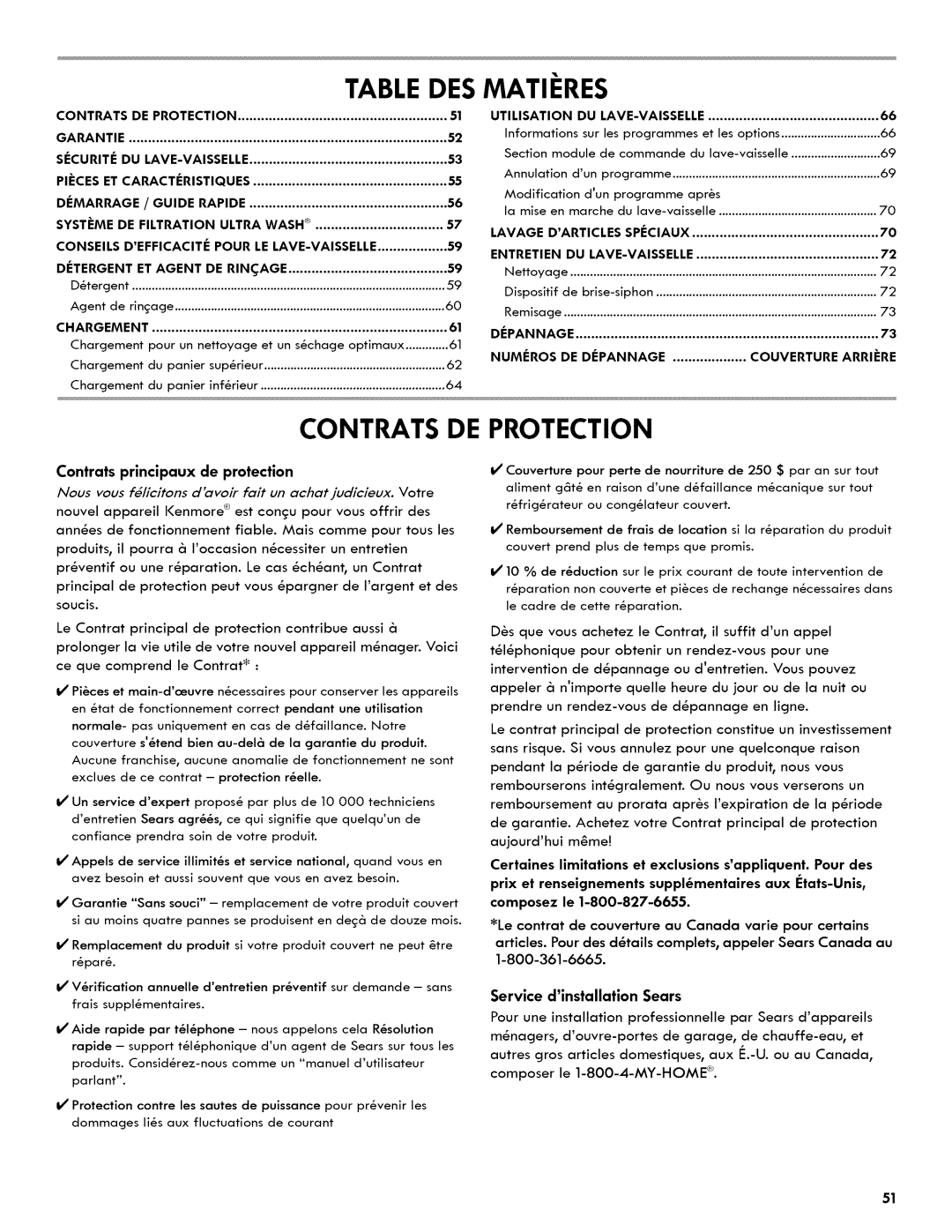 Kenmore 665.1404 manual Table Des Matieres, Contrats De Protection, Contrats principaux de protection 