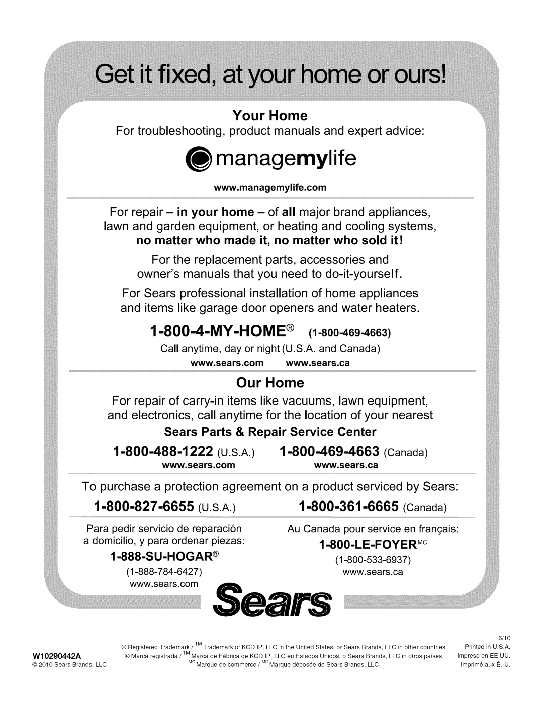 Kenmore 665.1404 manual My-Home, Su-Hogar, Sears, managemylife, Your Home, 1-800-827-6655 U.S.A, Canada 