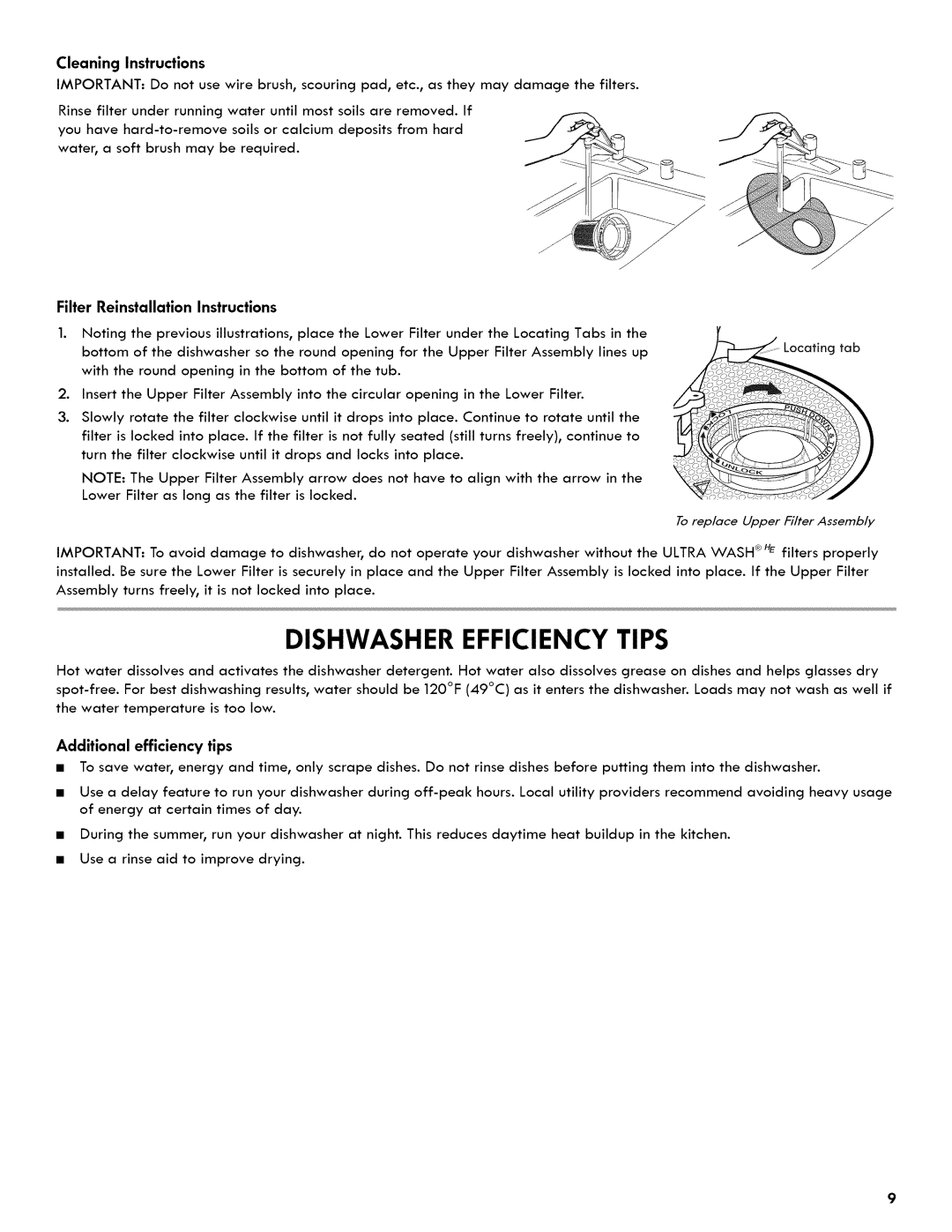 Kenmore 665.1404 manual Dishwasher Efficiency Tips, Cleaning Instructions, Filter Reinstallation Instructions 