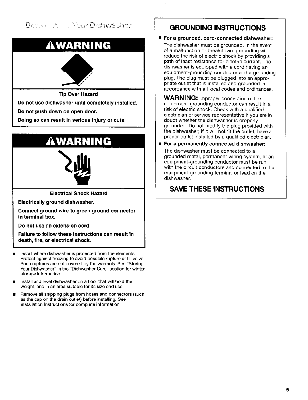 Kenmore 665.15622, 665.15629 manual Grounding Instructions, For a grounded, cord-connected dishwasher 