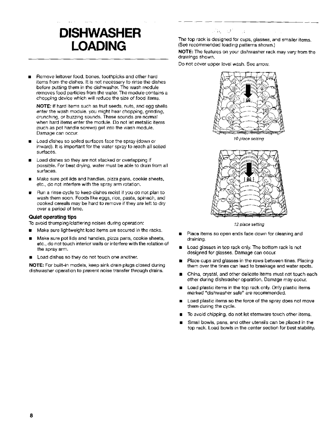 Kenmore 665.15629, 665.15622 manual Dishwasher Loading, Quiet operating tips 