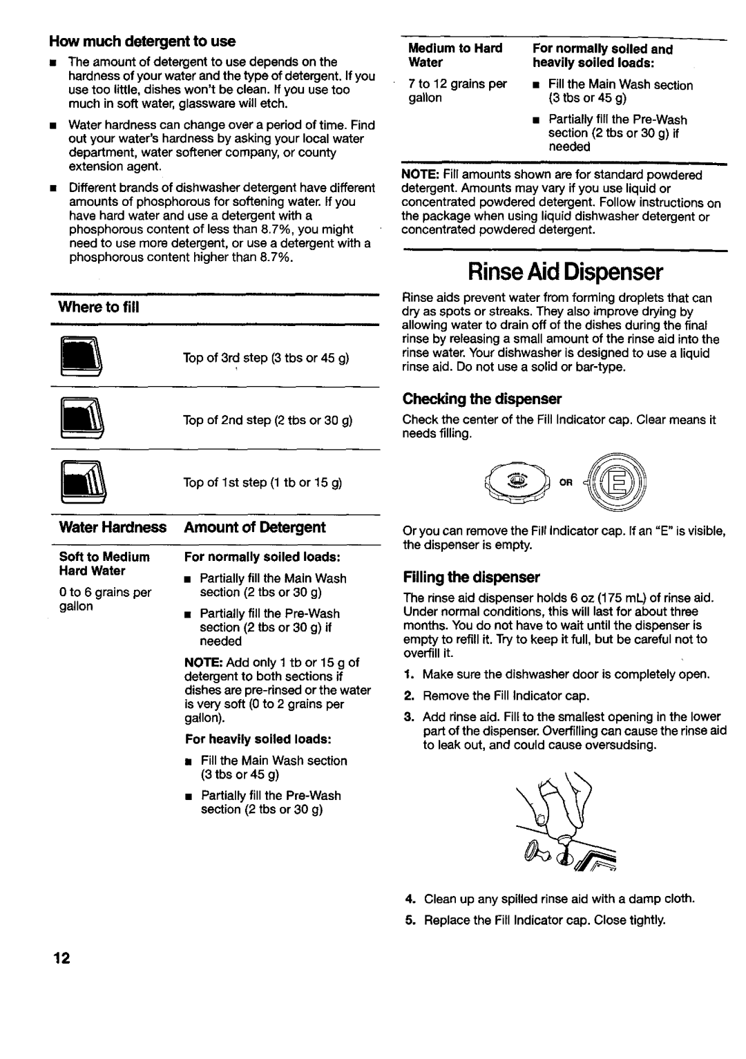 Kenmore 790.17772 manual RinseAidDispenser, How much detergent to use, Where to fill, Water Hardness, Amount of Detergent 