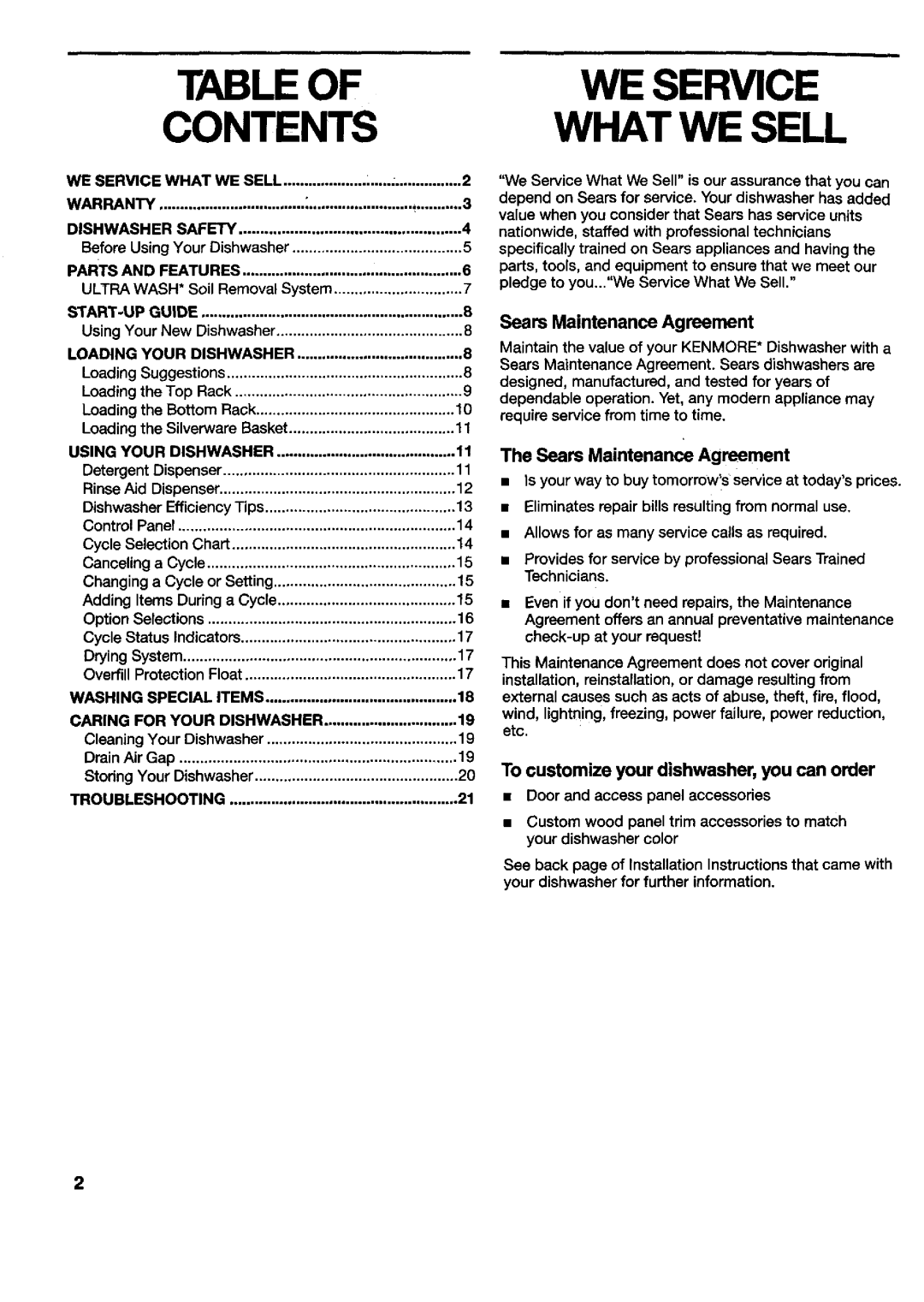 Kenmore 790.15777, 665.15772, 790.16772 Contents, To customize your dishwasher, you can order, Sears Maintenance Agreement 