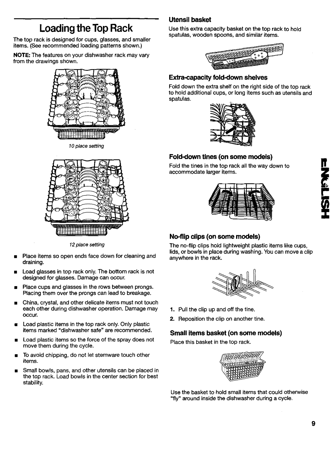 Kenmore 665.15772, 790.16772, 790.15777, 790.17772 manual Loadingthe Top Rack, Utensil basket, Fold-down Unes on some models 