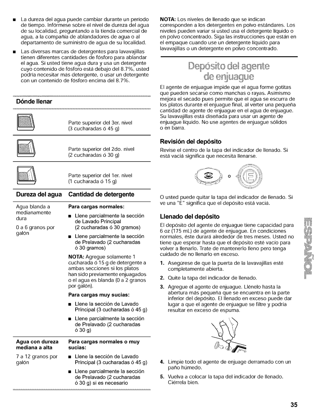 Kenmore 665.15812, 665.16817 manual Uag se, Dbndellenar, Llenado deldepbsito, Para cargas normales, Para cargas muy sucias 