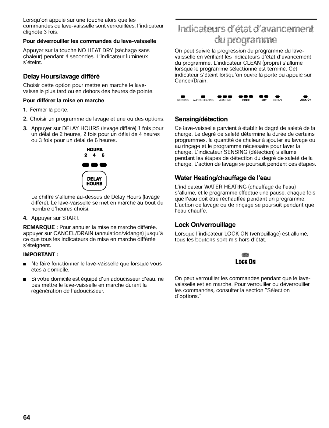 Kenmore 665.16817, 665.15812, 665.16819 manual Delay Hours/lavage diffr, Sensing/ddtection, Water Heating/chauffage de Ieau 