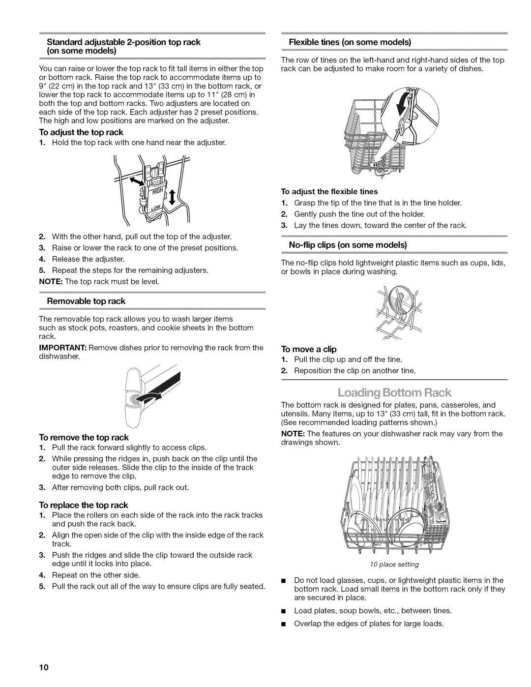 Kenmore 665.1622 manual Flexible tines on some models, Removable top rack 