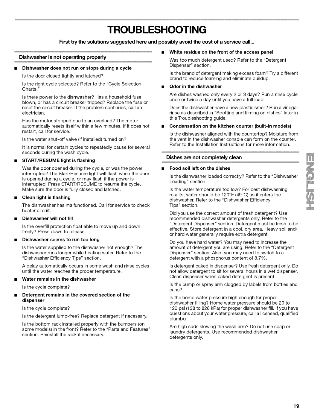 Kenmore 665.1622 manual Troubleshooting, Dishwasher is not operating properly 