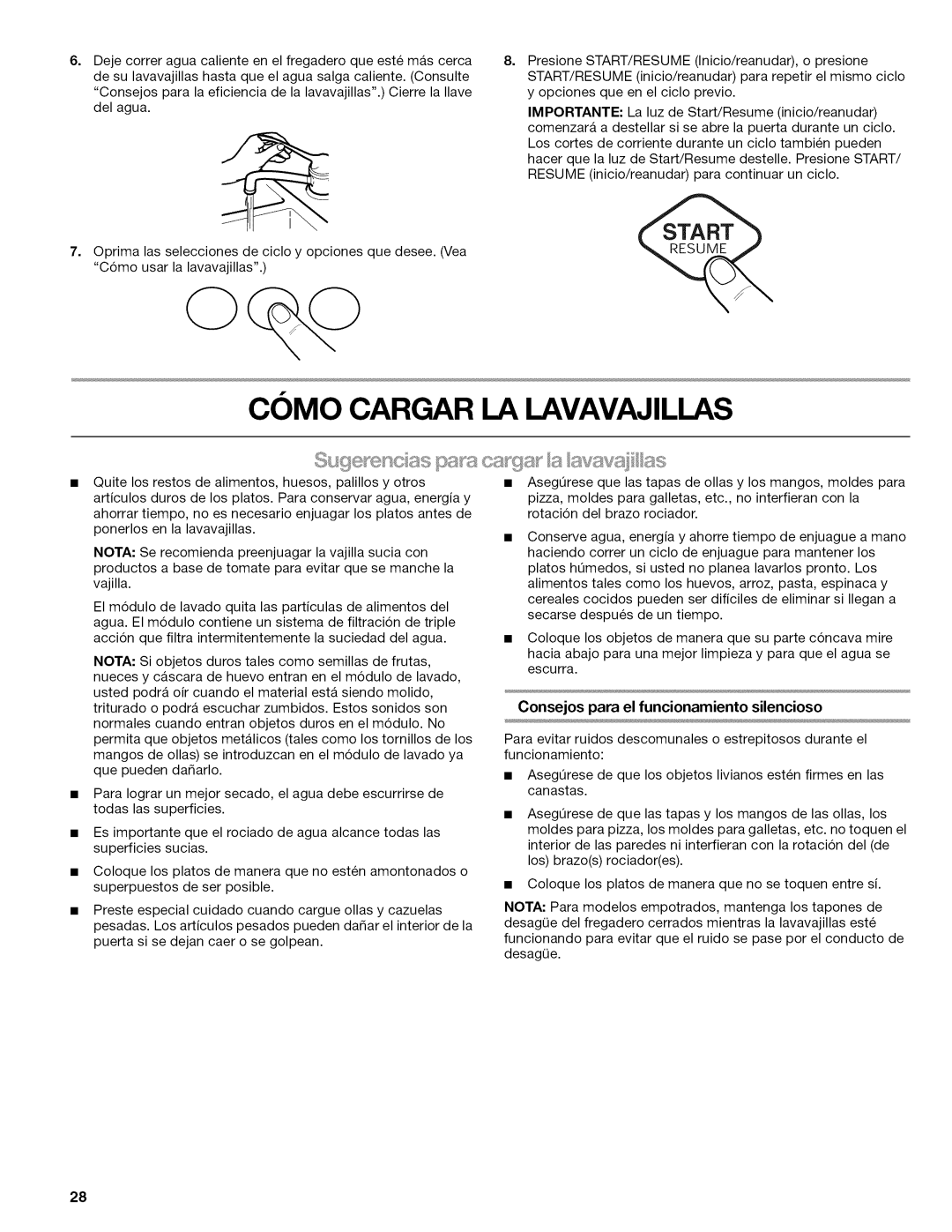 Kenmore 665.1622 manual Start/Resume, Consejos para el funcionamiento silencioso 