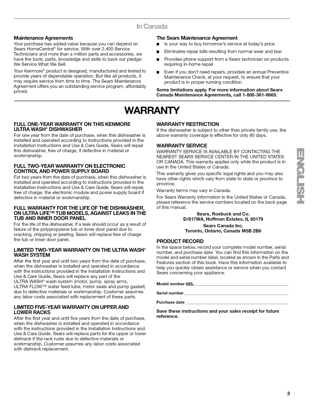 Kenmore 665.1622 manual Maintenance Agreements, Sears Maintenance Agreement 