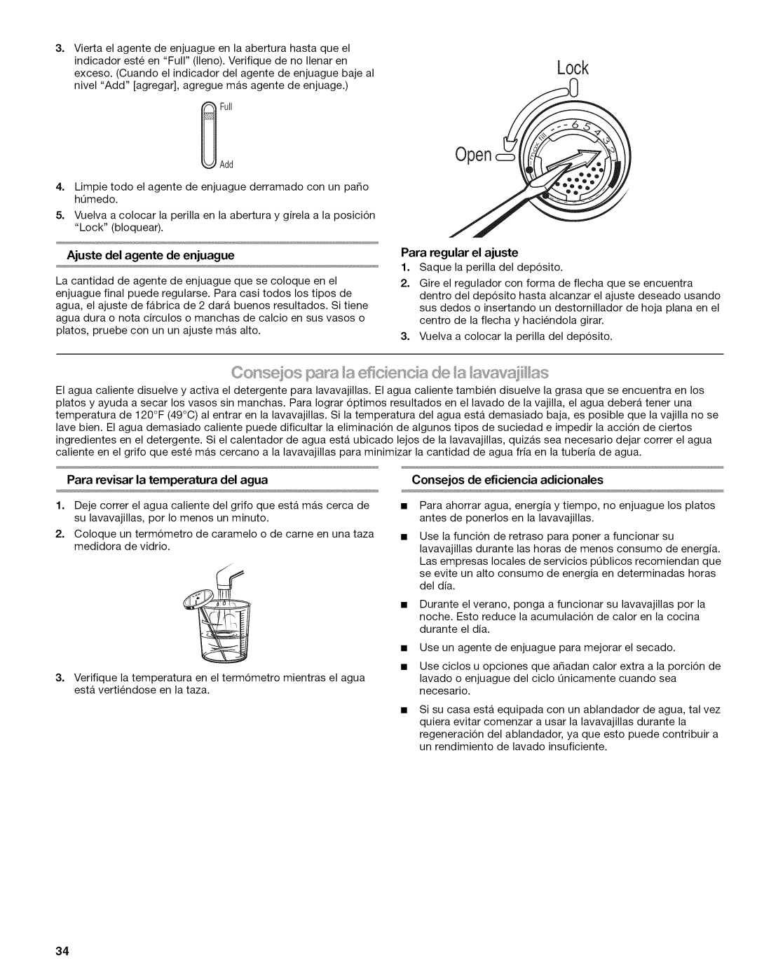 Kenmore 665.1622 manual Ajuste del agente de enjuague, Para regular el ajuste, Para revisar la temperatura del agua 