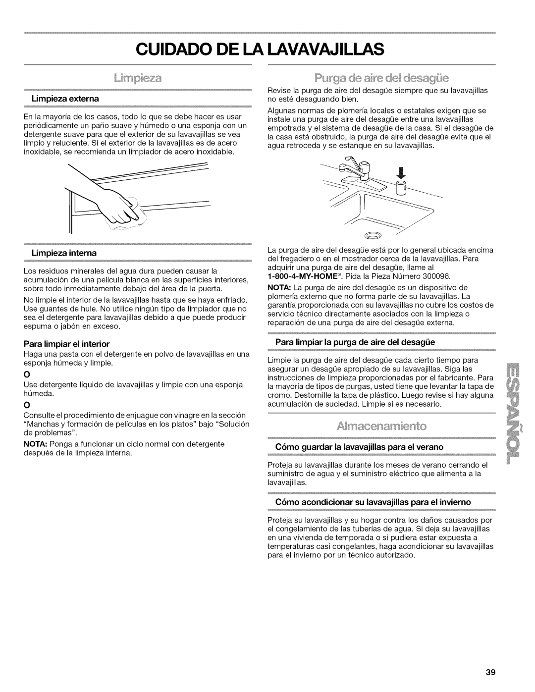 Kenmore 665.1622 manual Cuidado DE LA Lavavajillas, Limpieza externa, Limpieza interna 