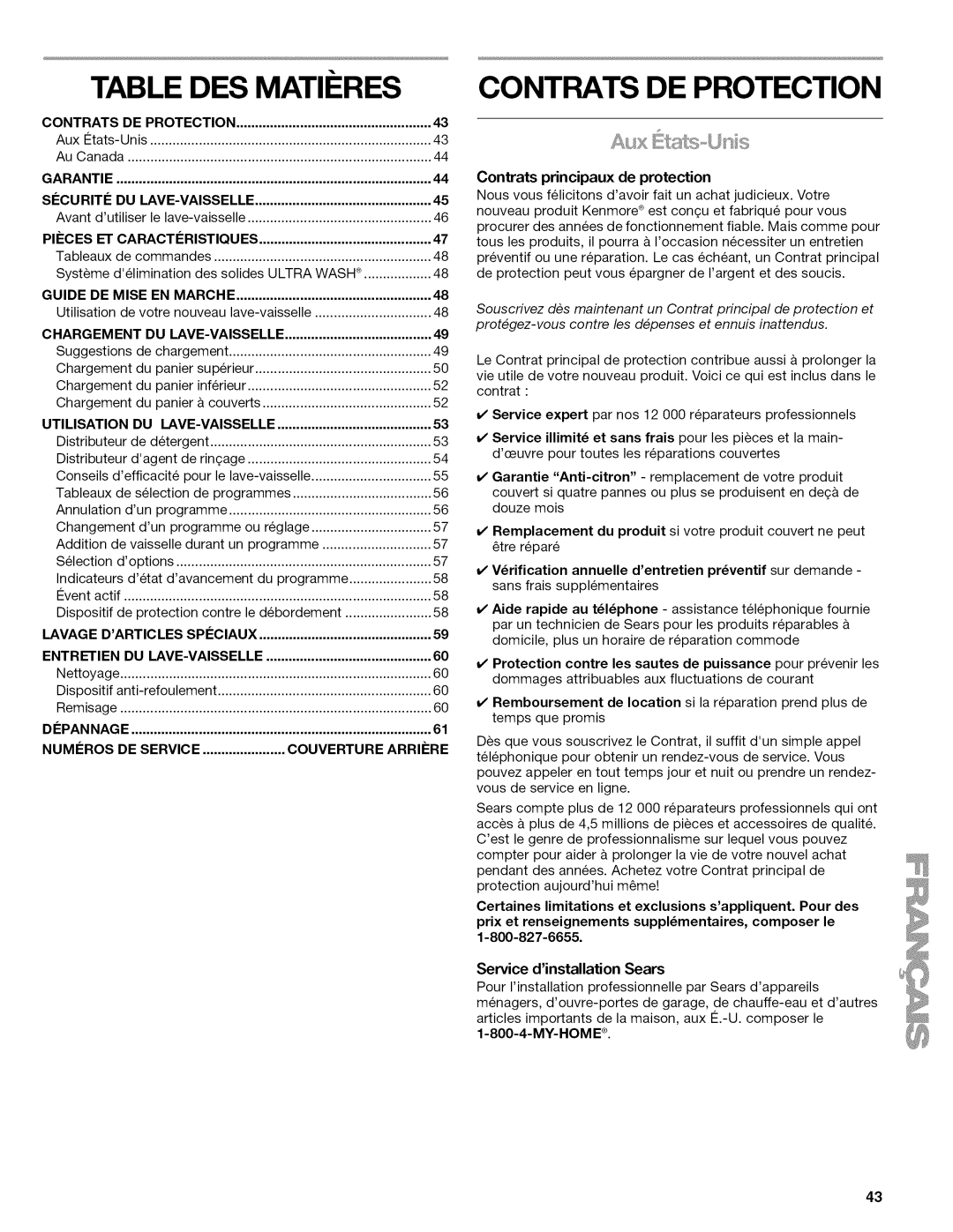 Kenmore 665.1622 manual Table DES Matii RES, Contrats principaux de protection, Service dinstallation Sears 