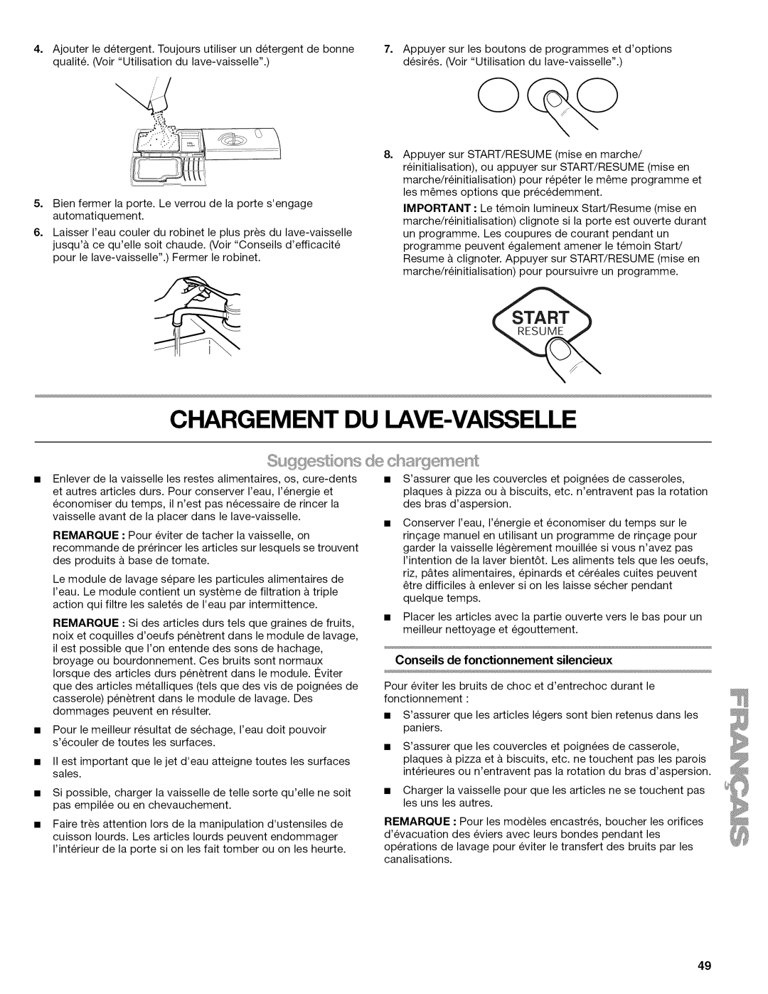 Kenmore 665.1622 manual Chargement DU LAVE-VAISSELLE, Conseils de fonctionnement silencieux 