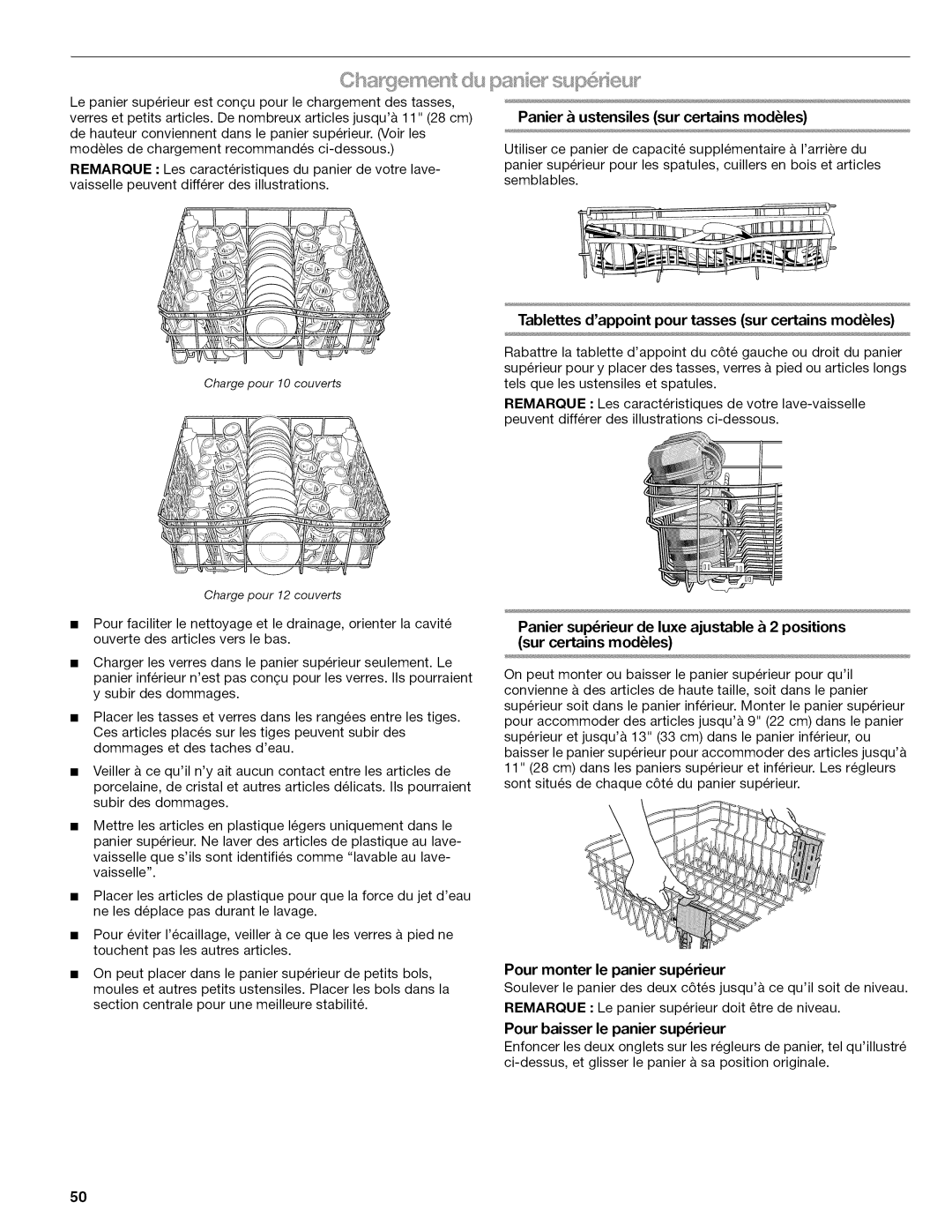 Kenmore 665.1622 manual Panier ustensiles sur certains modules, Tablettes dappoint pour tasses sur certains modules 