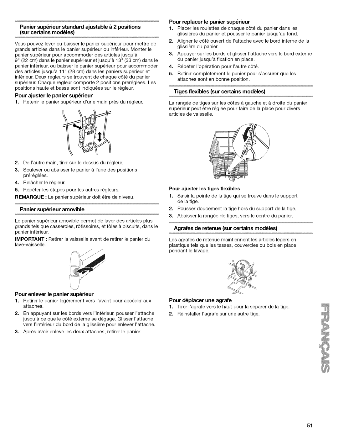 Kenmore 665.1622 manual Pour ajuster le panier superieur, Panier superieur amovible, Pour enlever le panier suprieur 