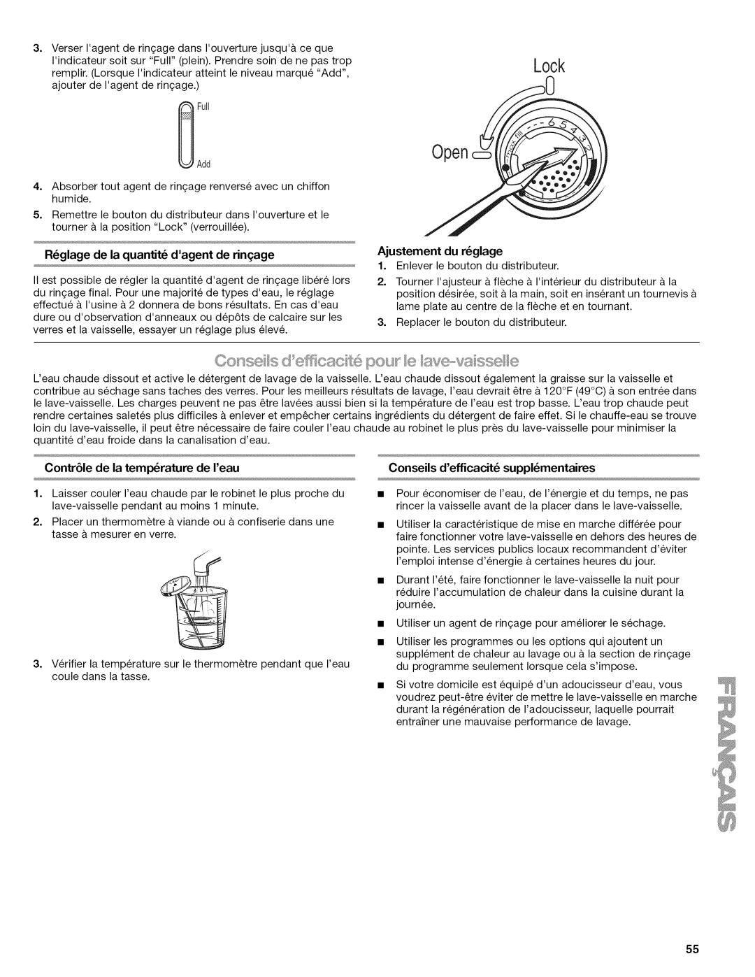 Kenmore 665.1622 manual Rglage de la quantit dagentde rinqage, Ajustement du rglage, Contr61e de la temperature de Ieau 